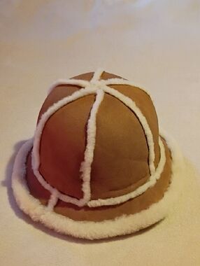 UGG Tan Faux Suede Hat with White Sherpa Trim